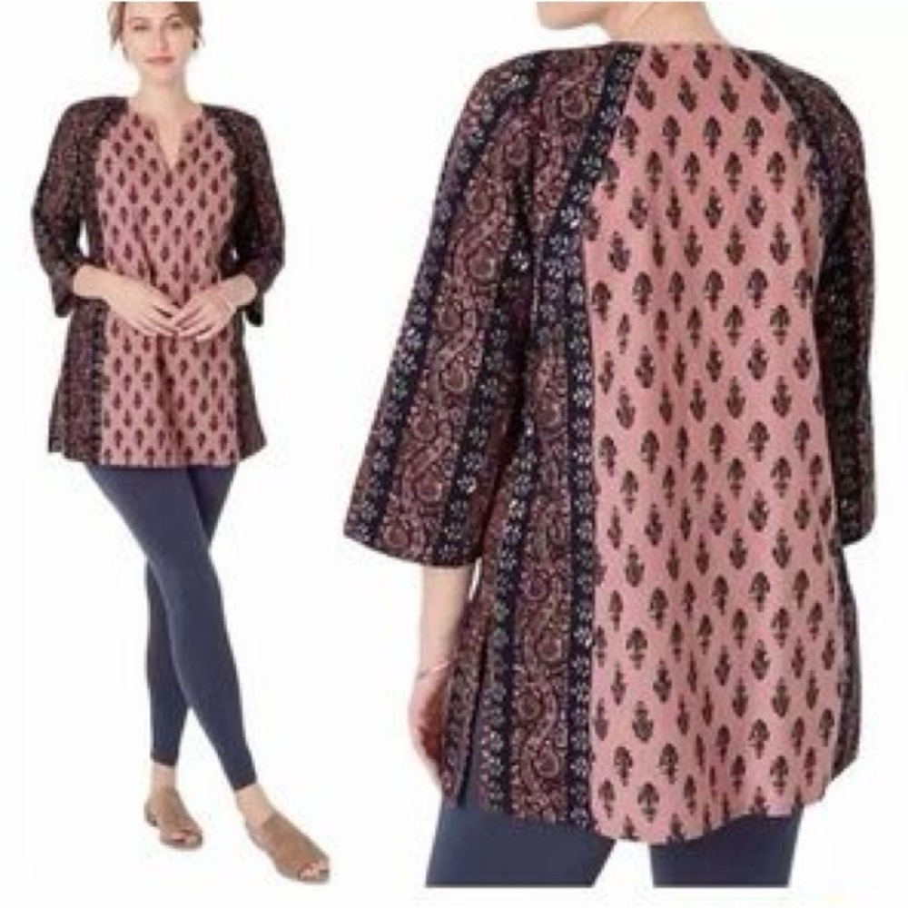 Pure Jill Boho Tunic Top Pink Paisley Mixed Print Linen Cotton Blend 3X Plus